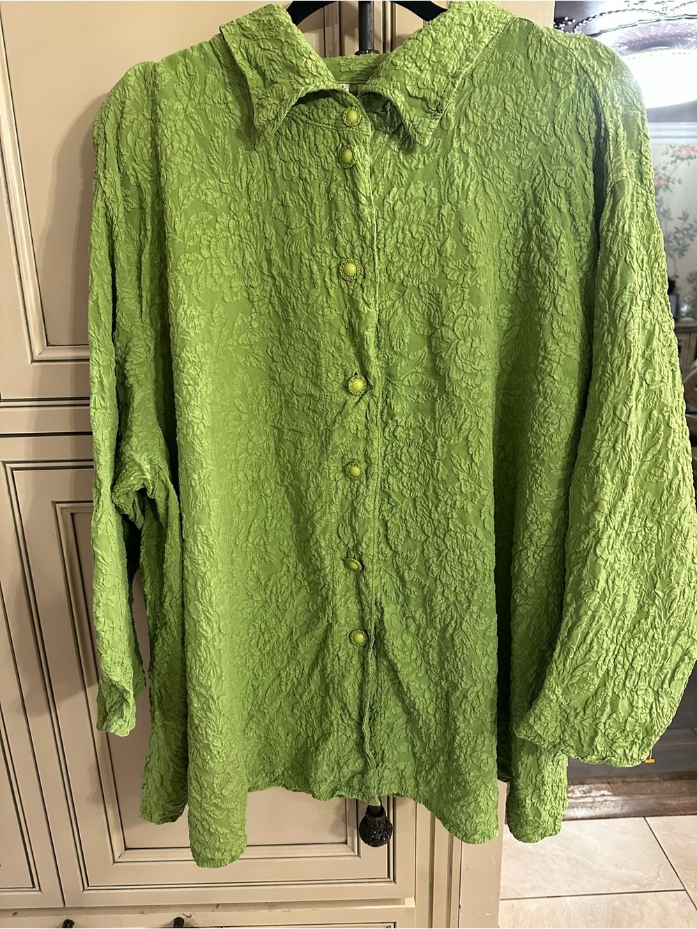 100% made in USA silk Textured Lime Green Button-Front Women's Blouse